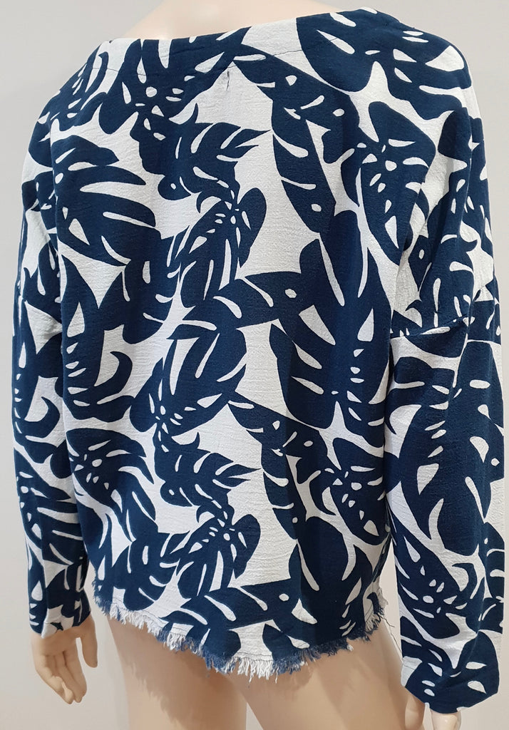MIKOH Cream & Navy Cotton Printed Scoop Neck Fray Hem Long Sleeve Coverup Top S