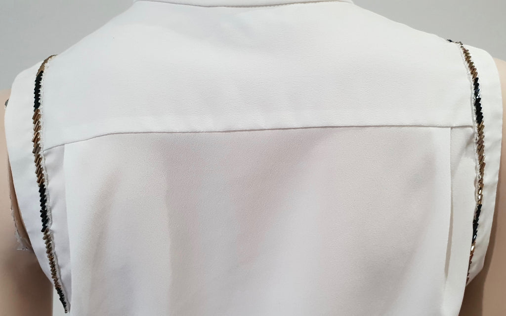 CLAUDIE PIERLOT White V Neckline Sequin Trim Sleeveless Blouse Shirt Top 36 UK8