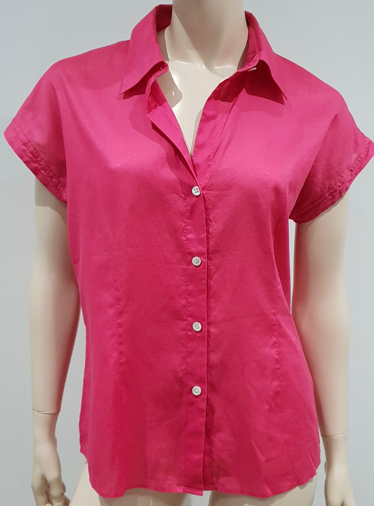 THEORY Pink 100% Cotton Semi Sheer Collared Short Sleeve Blouse Shirt Top L