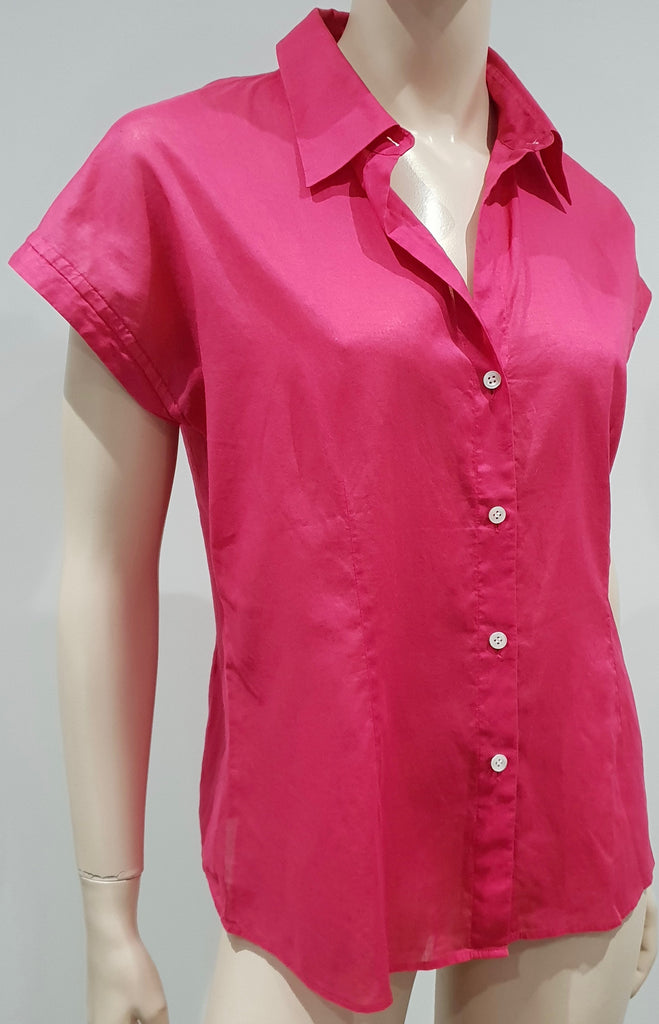 THEORY Pink 100% Cotton Semi Sheer Collared Short Sleeve Blouse Shirt Top L