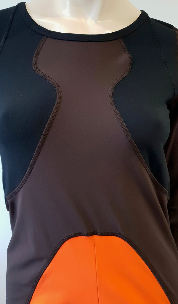 MIU MIU Black Brown & Orange Panelled Long Sleeve Fitted Stretch Bodycon Dress M