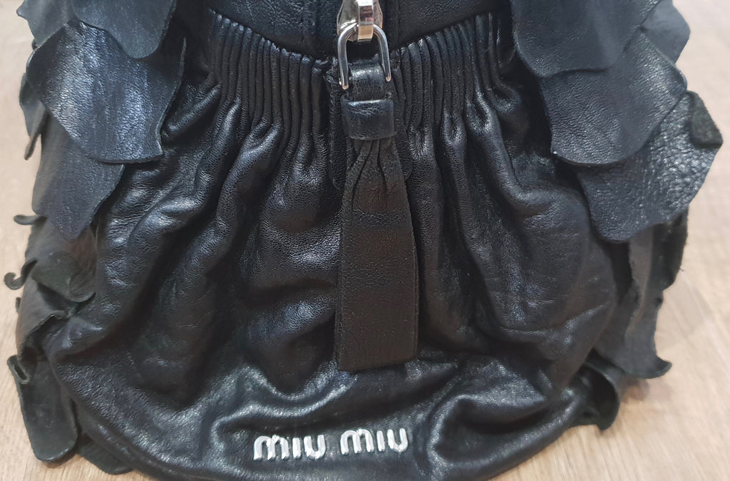 MIU MIU Made In Italy Black Leather Layer Tab Fringed Gathered Slouchy Tote Bag