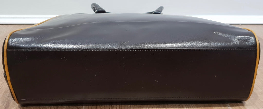 PRADA MILANO Chocolate Brown Leather Orange Trim Branded Dual Handle Tote Bag