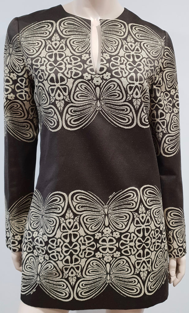 PAUL & JOE Brown Gold Butterfly & Floral Printed Long Sleeve Short Mini Dress 42