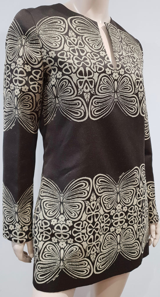 PAUL & JOE Brown Gold Butterfly & Floral Printed Long Sleeve Short Mini Dress 42