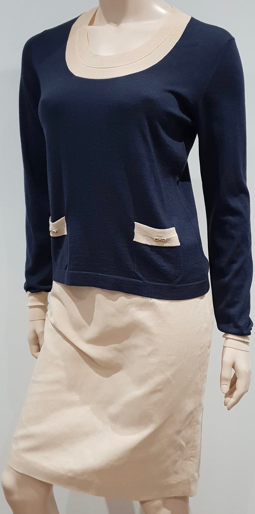 SALVATORE FERRAGAMO Navy Blue Long Sleeve Jumper & Beige Pencil Skirt Suit UK10