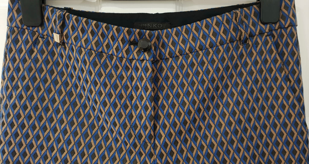 PINKO Blue Beige Black Diamond Pattern Tapered Crop Capri Trousers Pants 44 UK12