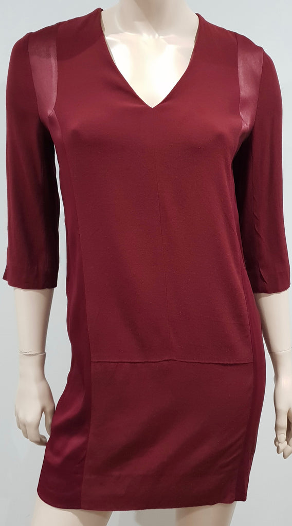 SANDRO PARIS Burgundy V Neck Satin Panel 3/4 Sleeve Short Mini Tunic Shift Dress