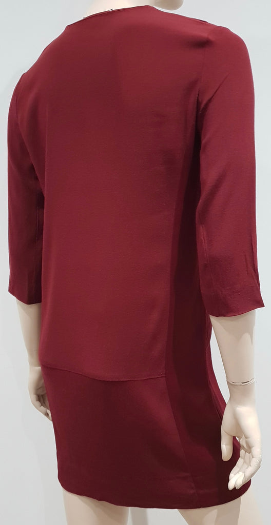 SANDRO PARIS Burgundy V Neck Satin Panel 3/4 Sleeve Short Mini Tunic Shift Dress