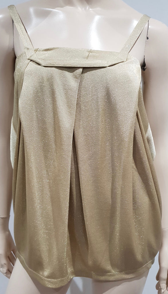 SEE BY CHLOE Gold Metallic Square Neck Pleated Sleeveless Lined Cami Top I40 UK8