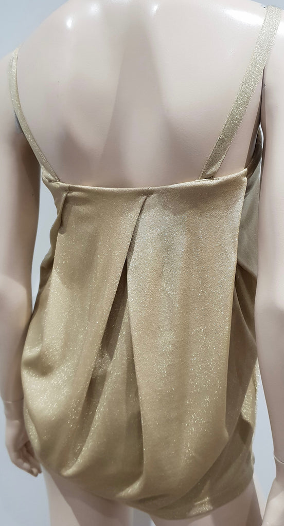 SEE BY CHLOE Gold Metallic Square Neck Pleated Sleeveless Lined Cami Top I40 UK8