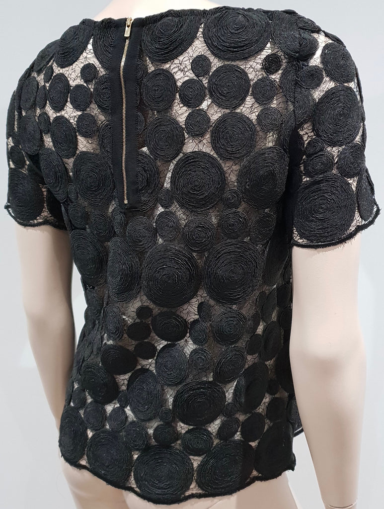 TARA JARMON Black Sheer Webbed & Circular Lace Short Sleeve Blouse Top 38 UK10