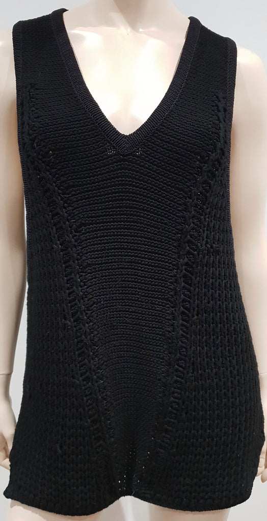 HELMUT LANG Black Linen Blend V Neck Sleeveless Chunky Knit Vest Jumper Top Sz:P