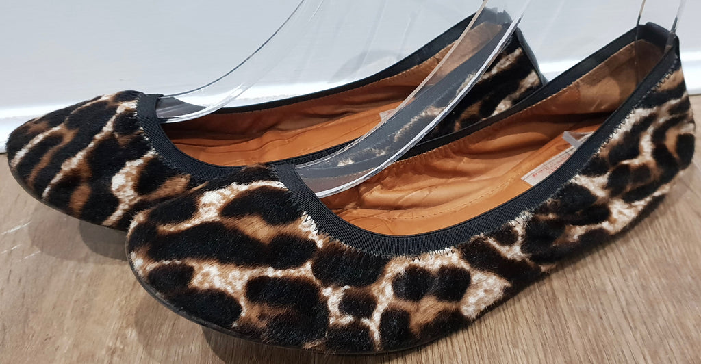 LANVIN Brown Black Cream Leopard Print Calf Hair Scrunched Ballerina Flats Shoes