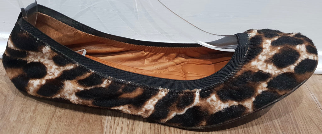 LANVIN Brown Black Cream Leopard Print Calf Hair Scrunched Ballerina Flats Shoes