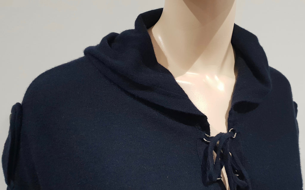 3.1 PHILLIP LIM Navy Blue Cashmere Tie Neck Hooded Short Length Jumper Sweater M
