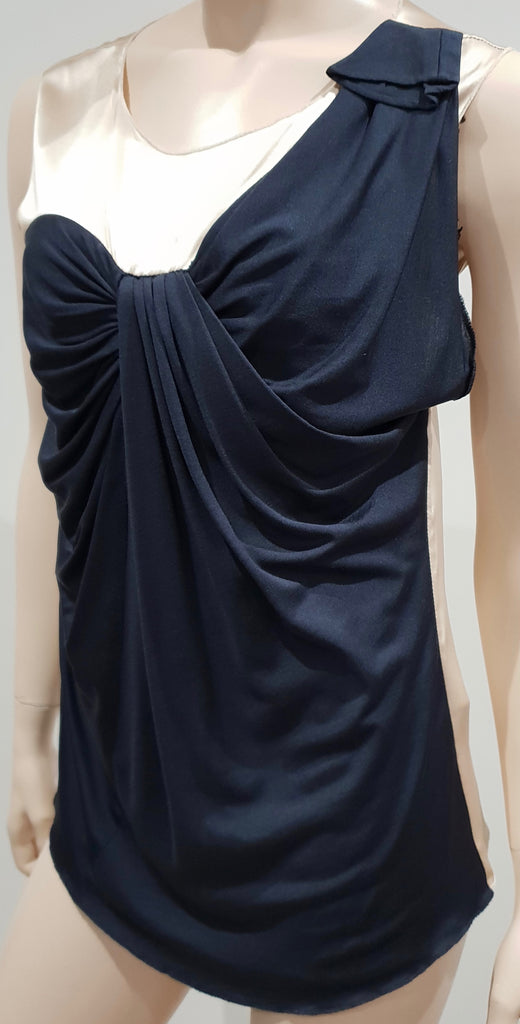 3.1 PHILLIP LIM Cream & Midnight Blue Black Silk Wool Pleated Sleeveless Top S