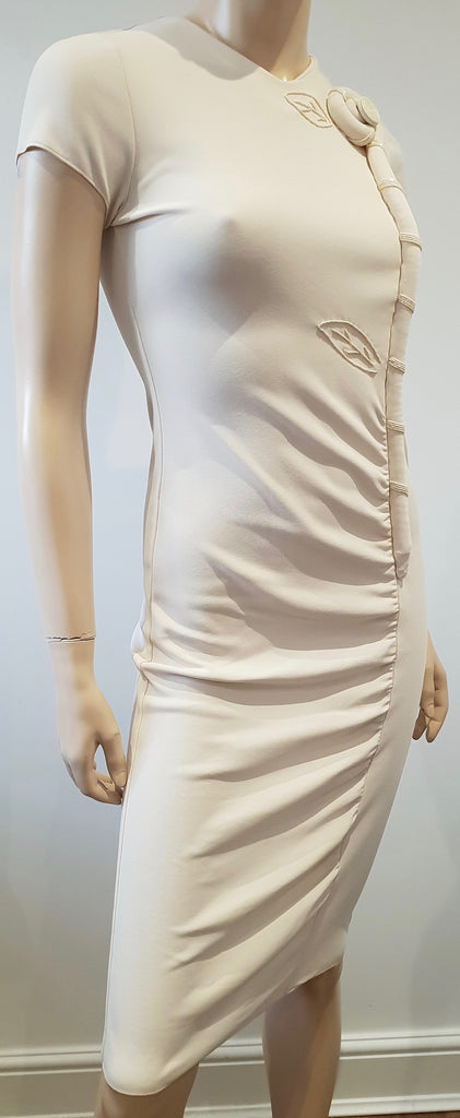 EMPORIO ARMANI Cream Sequin Floral Detail Short Sleeve Ruched Pencil Dress UK12