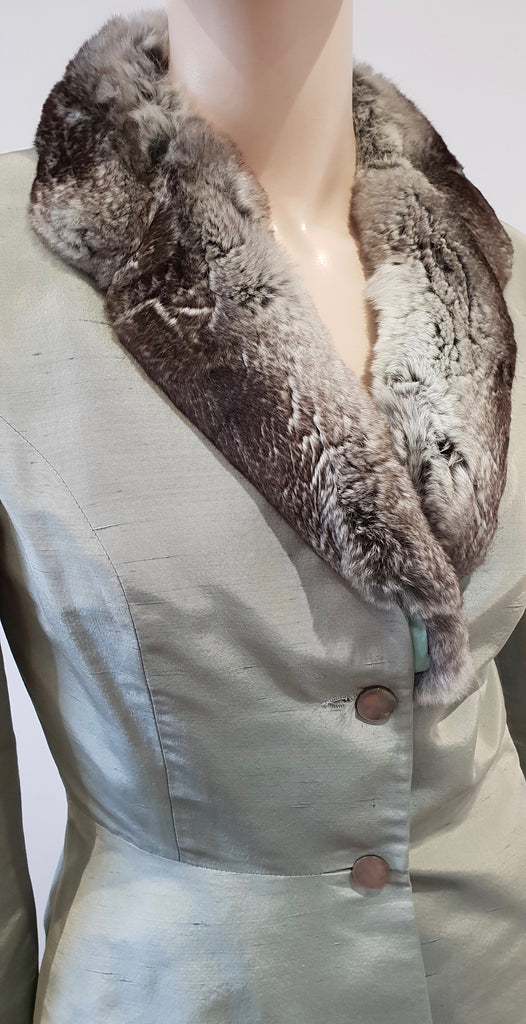ANNA MOLINARI Pale Green Silk Grey Cream Fur Collar Jacket & Short Skirt Suit