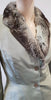 ANNA MOLINARI Pale Green Silk Grey Cream Fur Collar Jacket & Short Skirt Suit