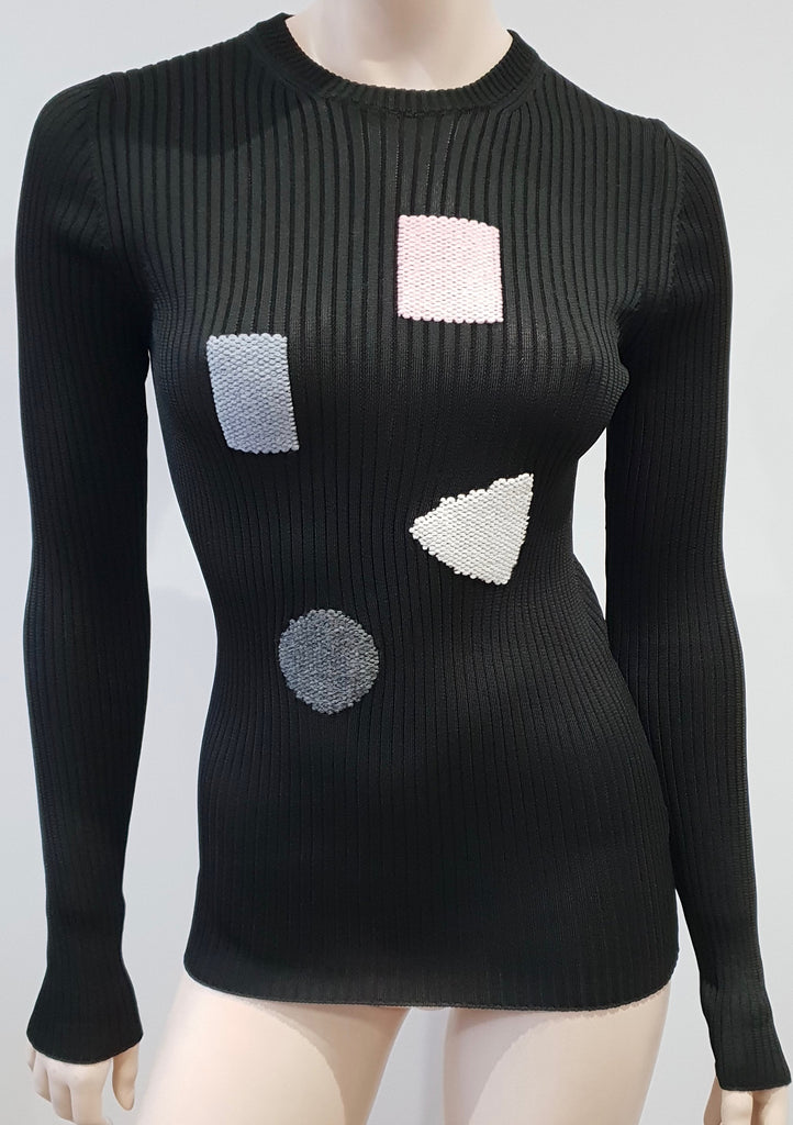 AKRIS Black Round Neck Multi Colour Detail Long Sleeve Rib Jumper Sweater Top