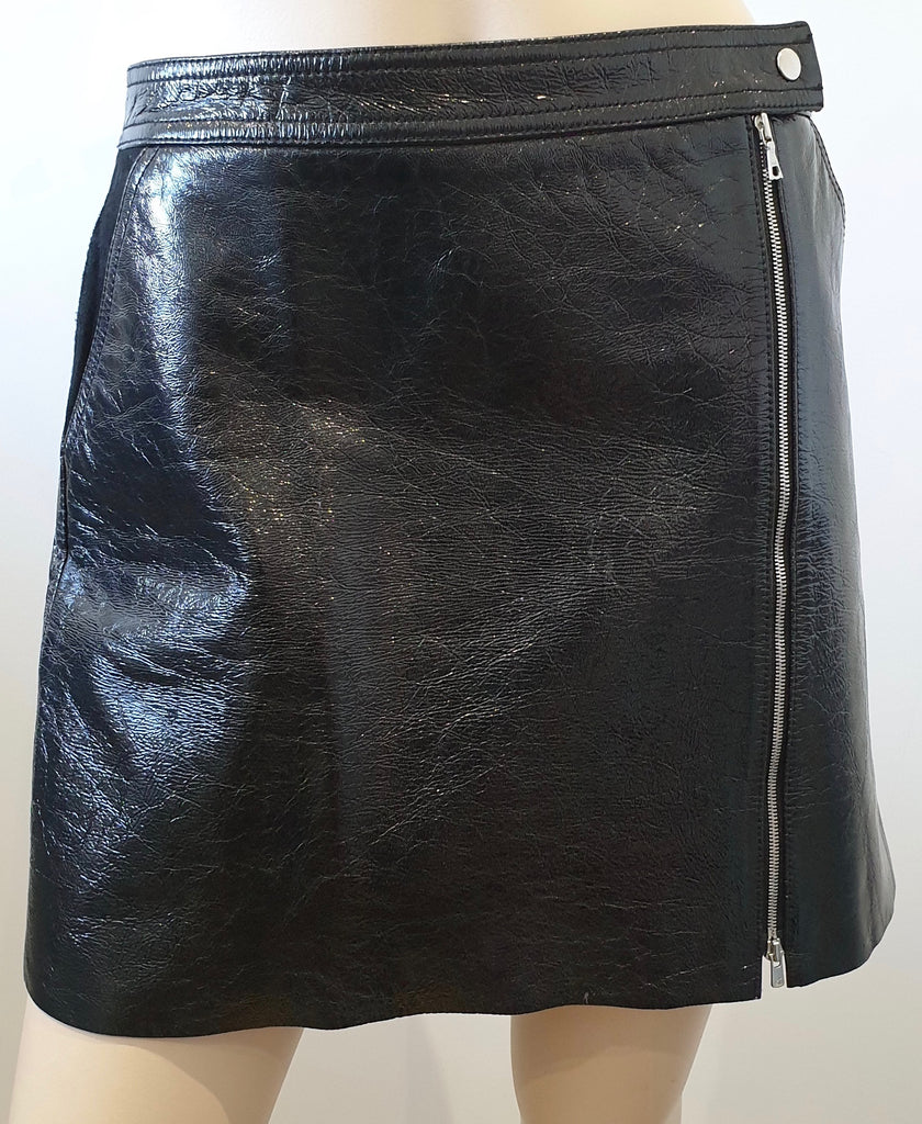 THEORY Black Patent Leather BERDIN Zip Fastened Suede Trim Mini Skirt 6 UK10