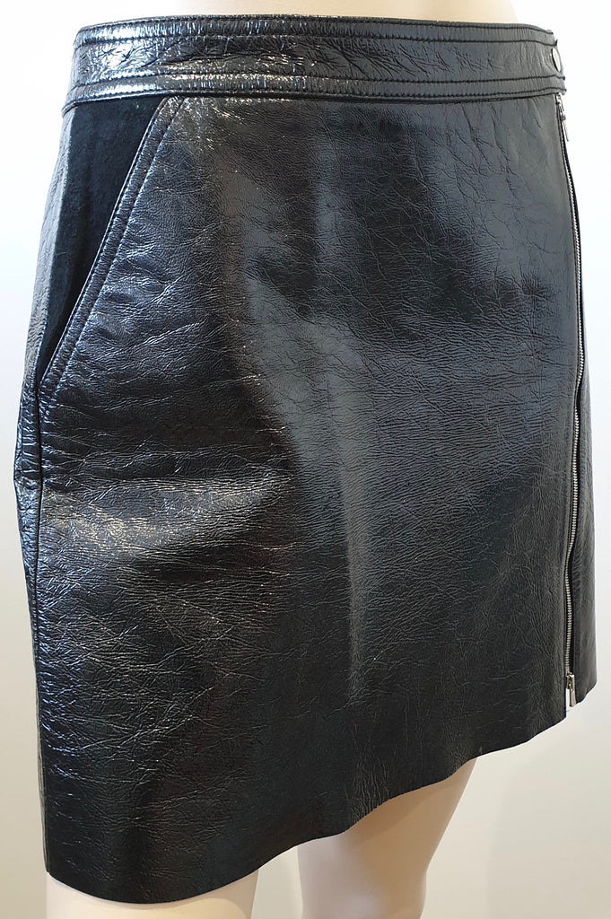 THEORY Black Patent Leather BERDIN Zip Fastened Suede Trim Mini Skirt 6 UK10