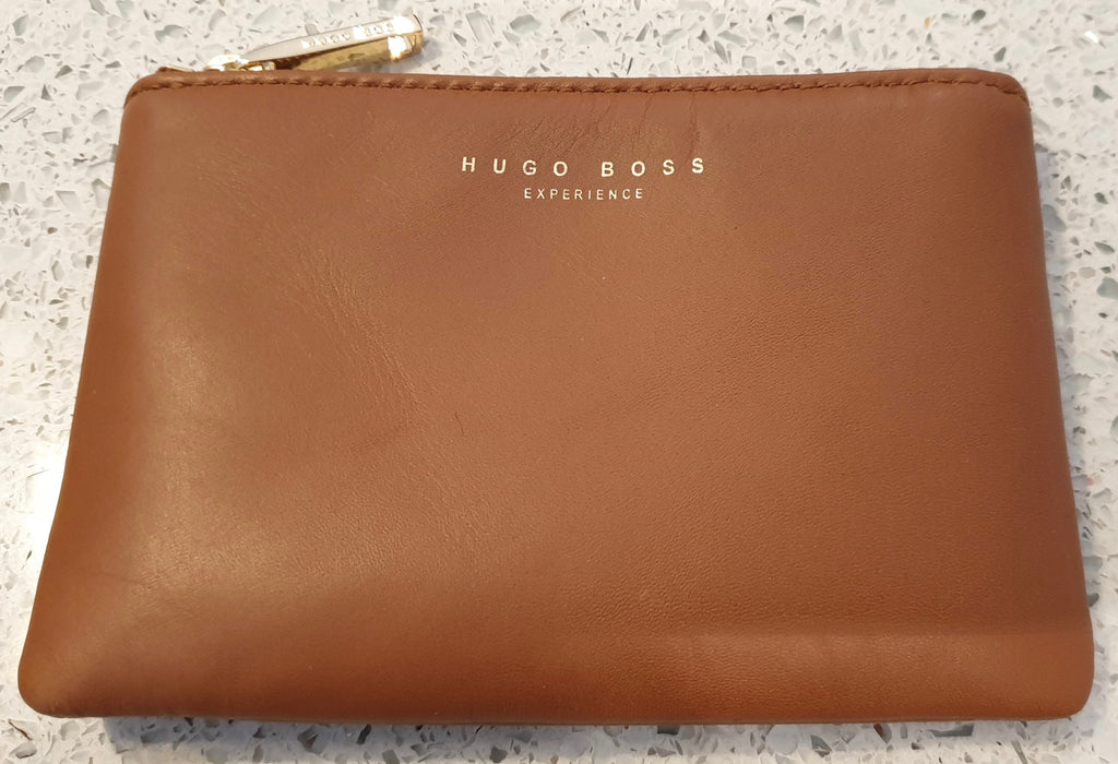 BOSS HUGO BOSS Tan Leather Gold Tone Zipper Small Coin Purse - New With Box