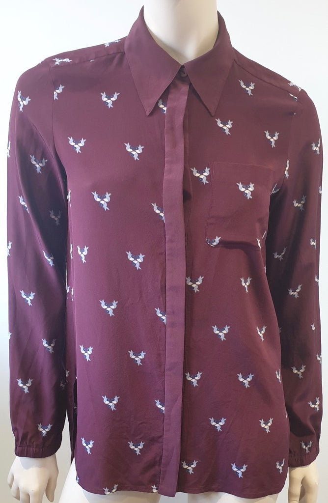 TIBI NEW YORK Burgundy Silk Bird Print Collared Long Sleeve Blouse Shirt Top UK8