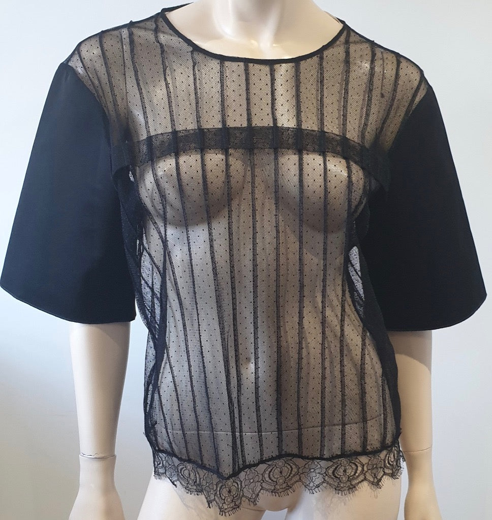 SCHUMACHER Black Silk Blend Sheer Mesh & Lace Short Sleeve Blouse Top 4; L