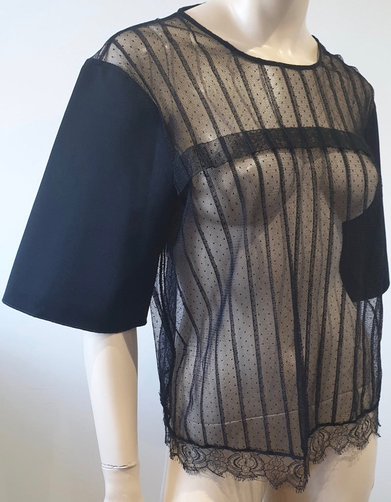 SCHUMACHER Black Silk Blend Sheer Mesh & Lace Short Sleeve Blouse Top 4; L