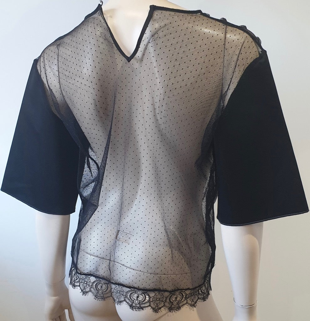 SCHUMACHER Black Silk Blend Sheer Mesh & Lace Short Sleeve Blouse Top 4; L