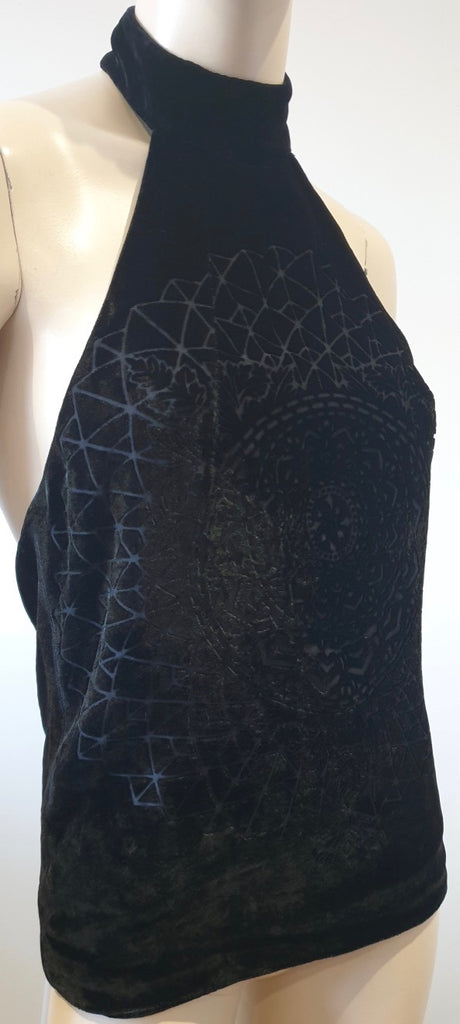 KSUBI Women's Black Velvet Pattern Front Sleeveless Halter Neck Lined Blouse Top