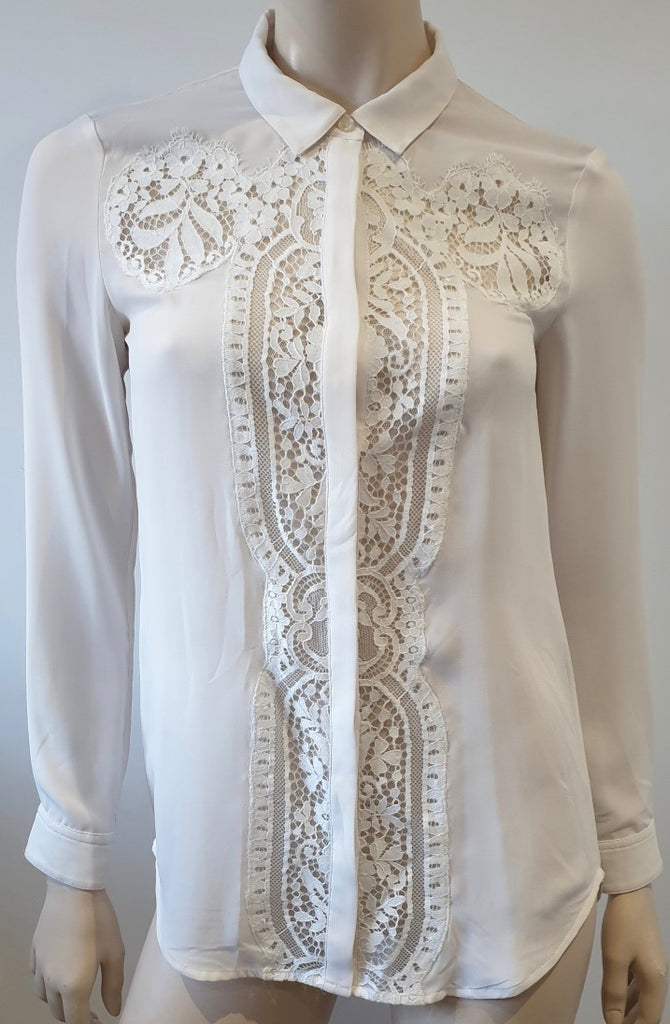 THE KOOPLES Off White Cream Collared Lace Insert Long Sleeve Blouse Shirt Top XS