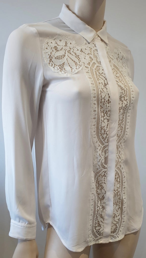 THE KOOPLES Off White Cream Collared Lace Insert Long Sleeve Blouse Shirt Top XS