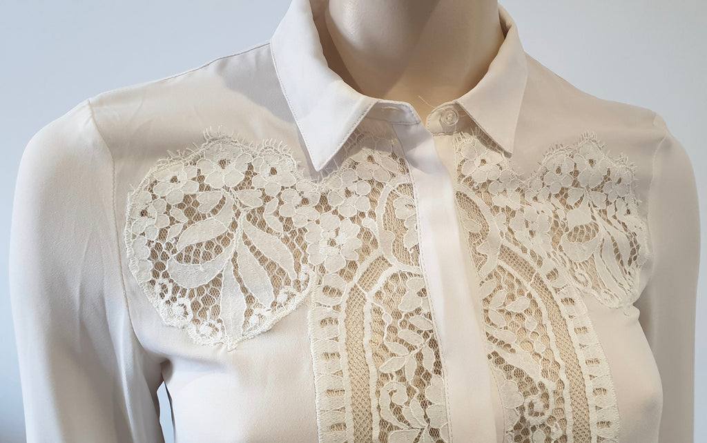 THE KOOPLES Off White Cream Collared Lace Insert Long Sleeve Blouse Shirt Top XS