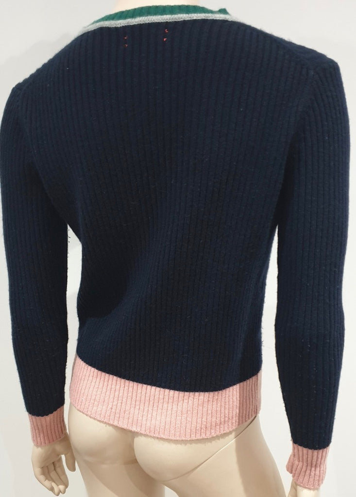 CHINTI & PARKER Navy Blue Wool & Cashmere Colour Block Ribbed Cardigan Top S