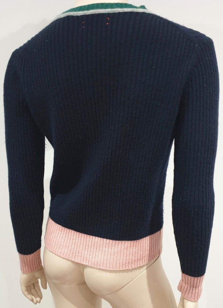 CHINTI & PARKER Navy Blue Wool & Cashmere Colour Block Ribbed Cardigan Top S
