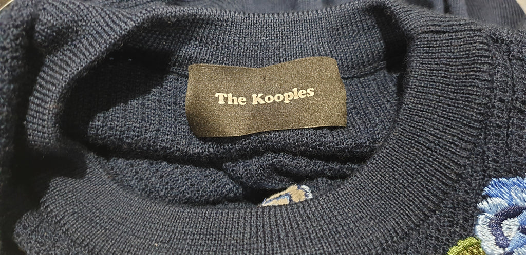 THE KOOPLES Navy Blue Wool Embroidered Ruffle Cold Shoulder Jumper Sweater Top L