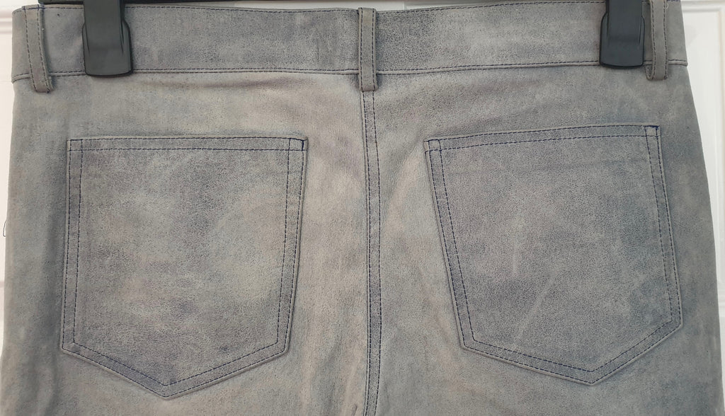 JITROIS Pale Blue Suede Leather Faded Distressed Straight Leg Trousers Pants 40