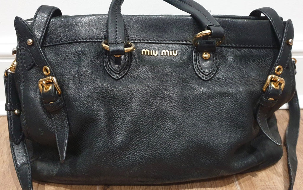 MIU MIU Women's Black Leather Gold Tone Branded Medium Slouchy Tote Shoulder Bag