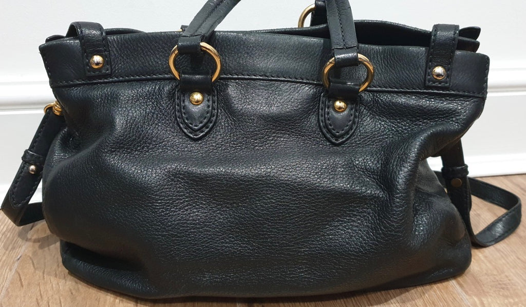 MIU MIU Women's Black Leather Gold Tone Branded Medium Slouchy Tote Shoulder Bag