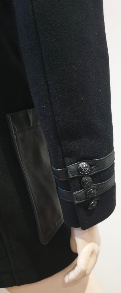 THE KOOPLES Women's Black Wool & Leather Trim Hooded Duffle Jacket Coat 34 UK8