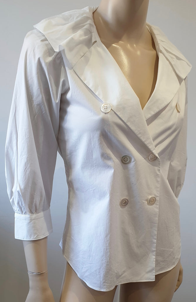 MOSCHINO White Cotton Blend Ruffle Collar Neckline 3/4 Sleeve Blouse Shirt Top