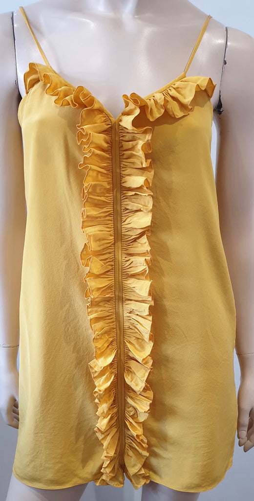 TIBI NEW YORK Yellow Silk V Neckline Ruffle Trim Sleeveless Mini Slip Dress UK8