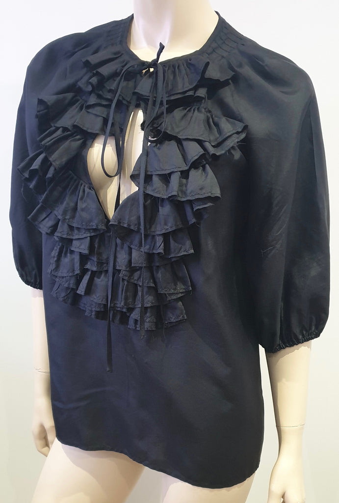 GIVENCHY Black Silk Round Tie Ruffle Neckline 3/4 Sleeve Blouse Shirt Top 36 UK8