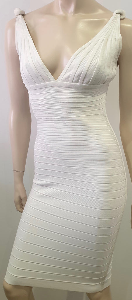 HERVE LEGER White V Neckline Sleeveless Open Back Bandage Bodycon Mini Dress M