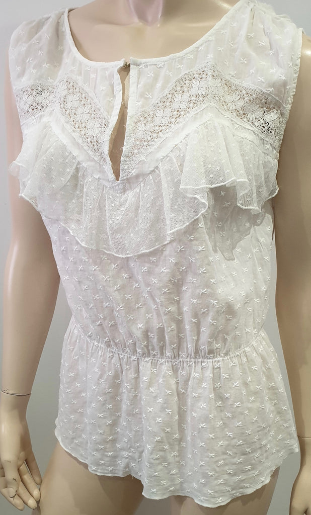 SANDRO Off White Embroidered Lace Trim Round Neck Sleeveless Blouse Shirt Top S