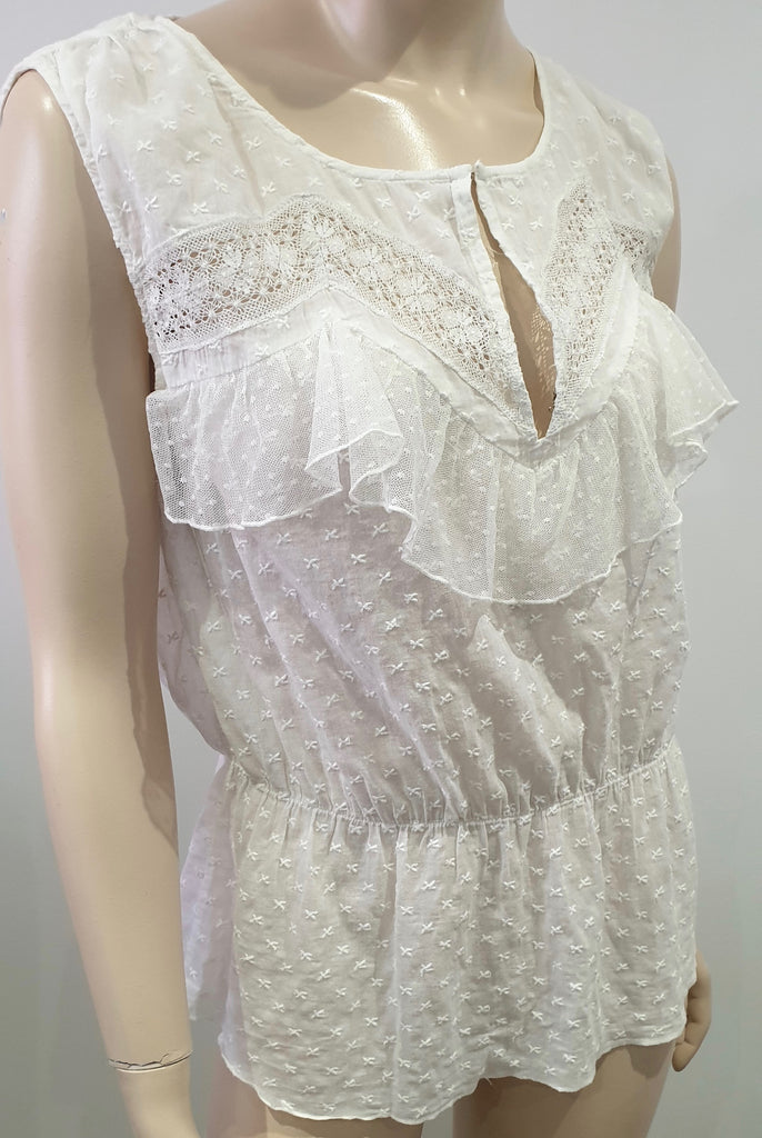 SANDRO Off White Embroidered Lace Trim Round Neck Sleeveless Blouse Shirt Top S