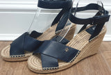 TORY BURCH Navy Blue Leather Ankle Strap Espadrille Wedge Sandals Shoes 8.5M UK6